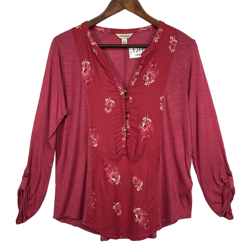 Lucky Brand Henley Top Womens Large Red Floral Roll Tab Sleeve Good